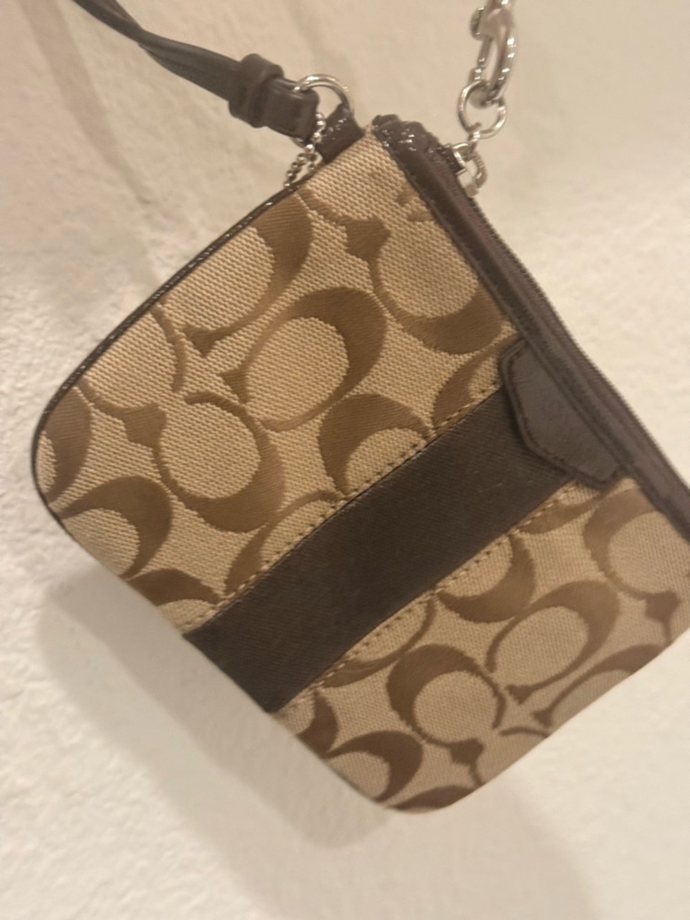 Coach Brown Signature Canvas Wristlet with Center Stripe and handle - Picture 2 of 5